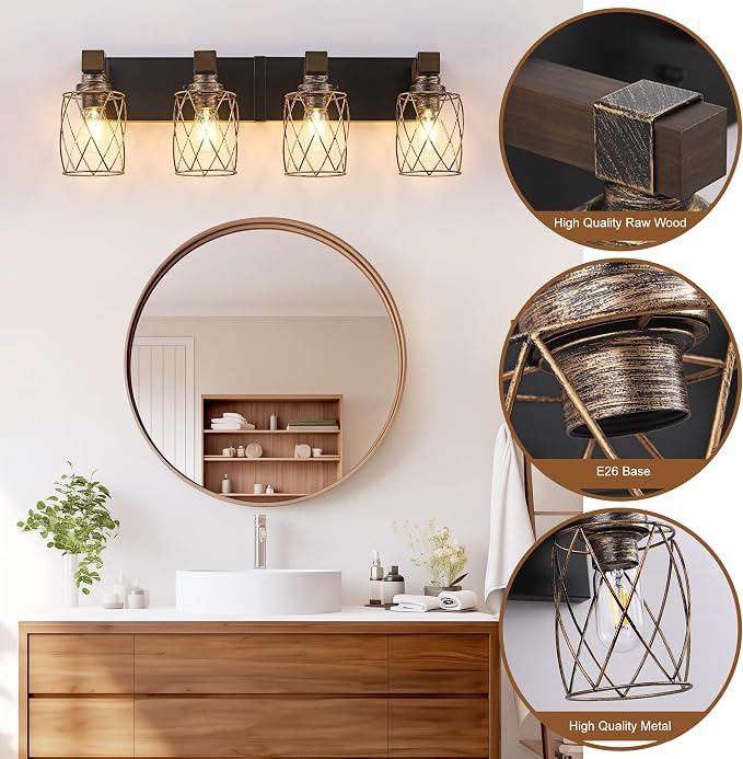 4-Light Black Gold Farmhouse Vanity Light, Wood & Metal Cage Shade | Mounted Over Mirror, Industrial Rustic Style, Ideal for Bathroom, Bedroom, Hallway & Living Room, Easy To Install