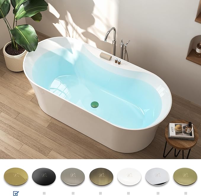 FerdY Santorini 67" Acrylic Freestanding Tub, Gracefully Shaped Contemporary Soaking Tub, Glossy White, cUPC Certified, Polished Gold Toe-tap Drain and Overflow