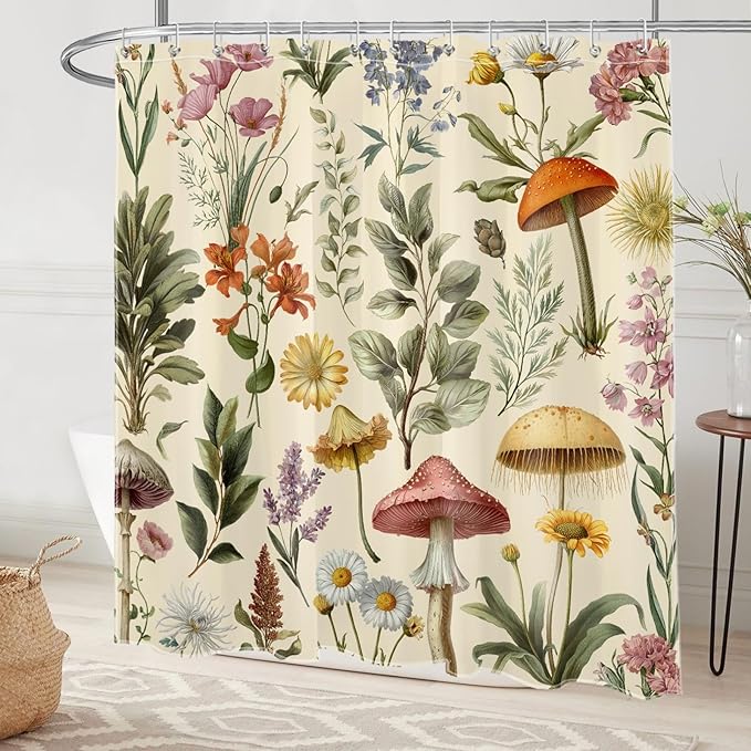 Boho Mushroom Shower Curtain Cottagecore Botanical Floral Bathroom Curtain Beige Retro Nature Plant Farmhouse Bathroom Decor with Hooks, 72W x 72L Inches