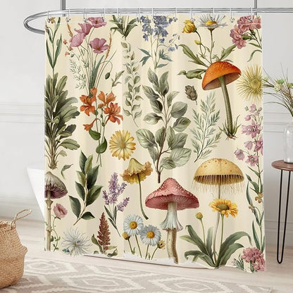 Boho Mushroom Shower Curtain Cottagecore Botanical Floral Bathroom Curtain Beige Retro Nature Plant Farmhouse Bathroom Decor with Hooks, 72W x 72L Inches