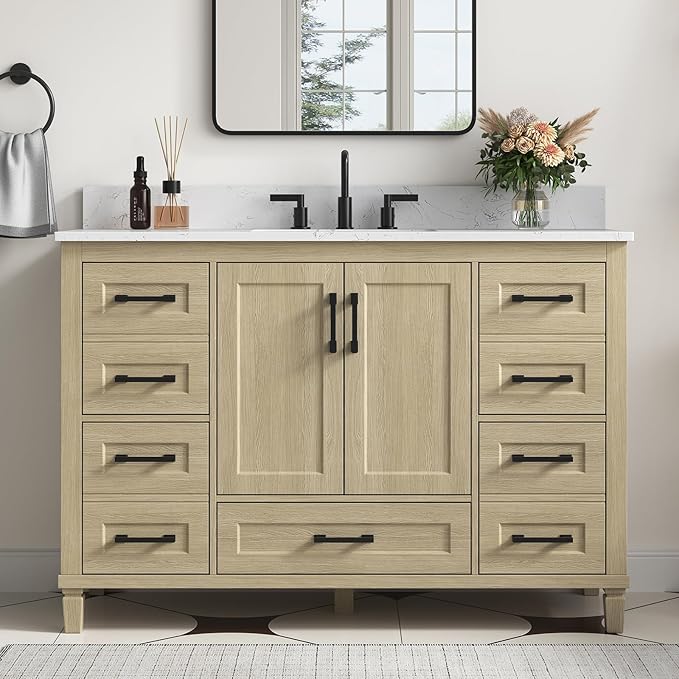 48-Inch Oak Bathroom Vanity with Sink, Fully Assembled Storage Cabinet Featuring 2 Soft-Close Doors & 5 Extendable Drawers, Carrara Engineered Stone Countertop, and Backsplash