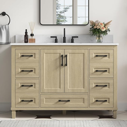 48-Inch Oak Bathroom Vanity with Sink, Fully Assembled Storage Cabinet Featuring 2 Soft-Close Doors & 5 Extendable Drawers, Carrara Engineered Stone Countertop, and Backsplash