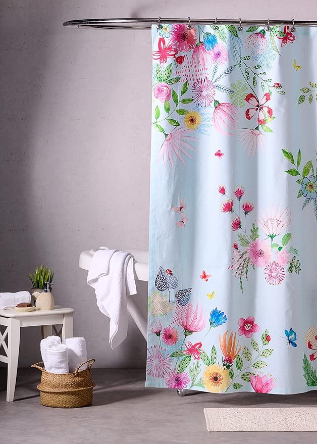 Maison d' Hermine Shower Curtain 100% Cotton One Panel 70"x72" Washable Fabric Shower Curtains for Bathroom, Easy Hanging with 12 Button Holes - Home Hotel Easter Gifts (Jardin D'Ete - Mint)