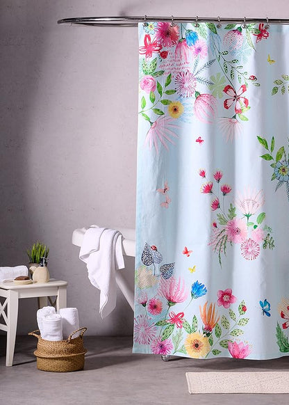 Maison d' Hermine Shower Curtain 100% Cotton One Panel 70"x72" Washable Fabric Shower Curtains for Bathroom, Easy Hanging with 12 Button Holes - Home Hotel Easter Gifts (Jardin D'Ete - Mint)