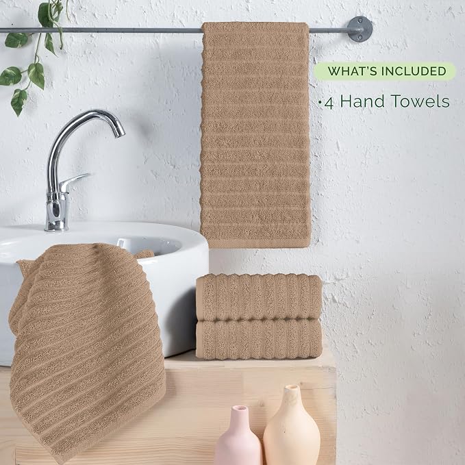 Elegant Comfort Luxury 100% Turkish Cotton Corduroy Ribbed 4 Pack Hand Towel Set 16 x 28 Inch - Absorbent, Super Soft, Quick Dry, Premium Towels for Bathroom, Gym, Spa and Hotel Use, Taupe