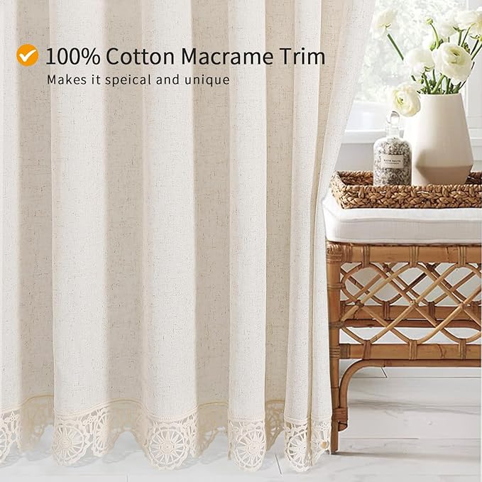 Linen Boho Lace Shower Curtain Liner Set 72x84 | Extra Long Farmhouse Shower Curtain with Macrame Decor, Cotton Bohemian French Country Bath Curtain , Beige/Cream