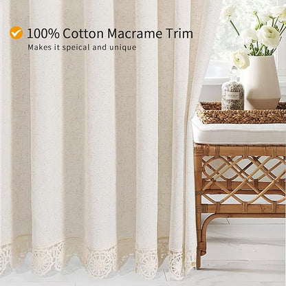 Linen Boho Lace Shower Curtain Liner Set 72x84 | Extra Long Farmhouse Shower Curtain with Macrame Decor, Cotton Bohemian French Country Bath Curtain , Beige/Cream