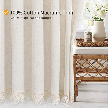 Small Stall Linen Lace Shower Curtain Liner Set 36x72 | Narrow Half Farmhouse Shower Curtain with Macrame Decor, Cotton Bohemian French Country Bath Curtain , Beige/Cream