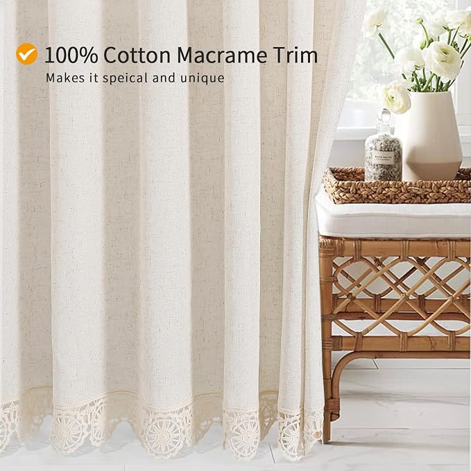 Boho Farmhouse Shower Curtain Set, Linen Cotton Fabric Shower Curtain with Macrame Lace Decor, Modern Bohemian French Country Chic Bathroom Curtain with PEVA Liner 72x72 - Beige/Cream | Farmhouse Shower Curtain with Macrame Decor, Bohemian Cotton Frenc...