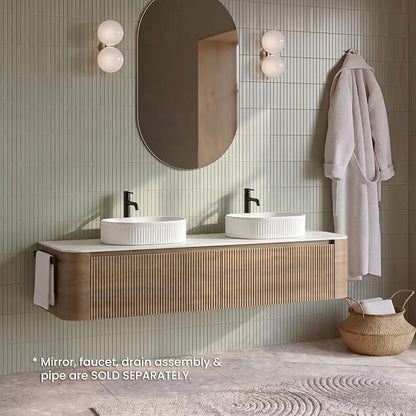 72" Preassembled Double Floating Bathroom Vanity with White Sink, Oak | Mid-Century Modern Style, Fluted & Soft-Close Drawer with U-shaped Wall, Sinterted Stone Countertop, Towel Rack Included