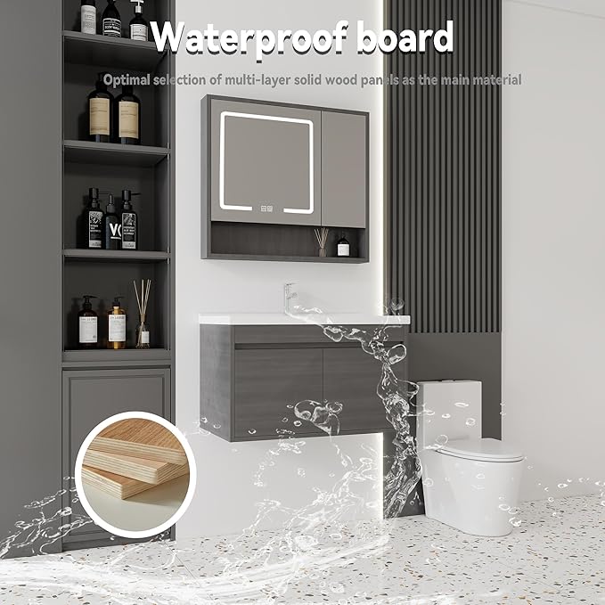 32'' Bathroom Vanity with Ceramic Sink Combo and Medicine Cabinet Mirror with Led Light/Defog, Wall Mounted Small Bathroom Vanity with Soft-Close Door Modern Floating Cabinet, GreyWalnut(No Faucet)