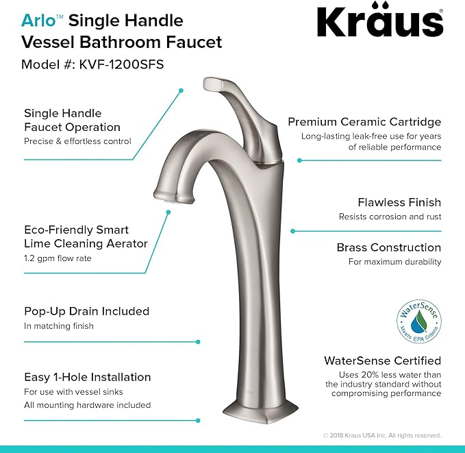 KRAUS KVF-1200SFS Arlo Single Handle Vessel Bathroom Faucet with Pop Up Drain, Spot-Free All-Brite Brushed Nickel (2 Pack)