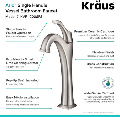 KRAUS KVF-1200SFS Arlo Single Handle Vessel Bathroom Faucet with Pop Up Drain, Spot-Free All-Brite Brushed Nickel (2 Pack)