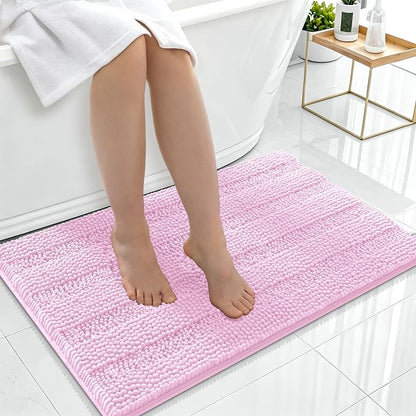 Smiry Thick Chenille Bathroom Rugs 36x24, Soft Absorbent Bath Mat, Pink | Quick‑Dry & Machine Washable, Non‑Slip Bath Carpet, Striped Bath Rugs for Tub & Shower, Modern Home Decor Accessories