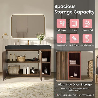 48" Bathroom Vanity with Sink, Freestanding Single Sink Bathroom Vanity with Black Engineered Stone Top & Open Side Storage, Soft-Closing Doors with Adjustable Shelf, Walnut
