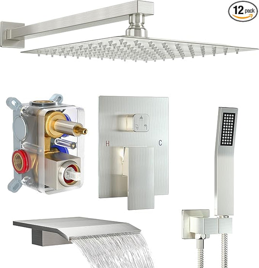 Shower System with Tub Spout, 12-Inch High-Pressure Rain Showerhead and Handheld Combo, Brushed Nickel Shower Faucet Set with Rough-in Valve and Trim, Wall Mounted 3-Way Shower Set