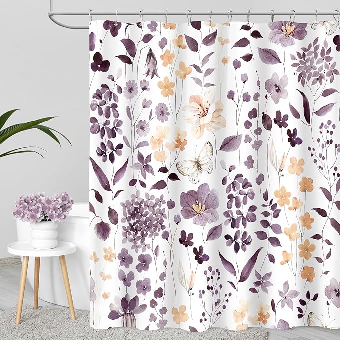 Extra Long Shower Curtain 72 x 96 Inch, Floor to Ceiling X-Long Plum Floral Shower Curtains, Watercolor Flower Butterfly Fabric Shower Curtain Set with Hooks