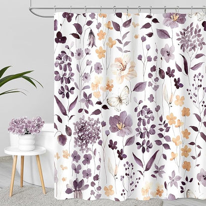 Long Shower Curtain 72 x 78 Inch, Tall Plum Floral Shower Curtains for Bathroom, Watercolor Flower Butterfly Fabric Shower Curtain Set with Hooks