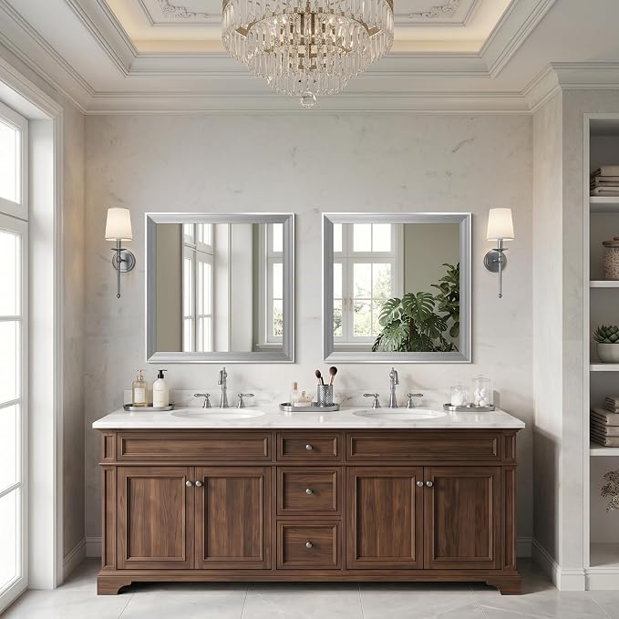 DESBING 24"x24" Silver Bathroom Mirrors for Over Sink | Tempered Glass, Metal Frame, Rectangle Vanity Wall Mirror for Bathroom, Living Room, Bedroom, Horizontally or Vertically