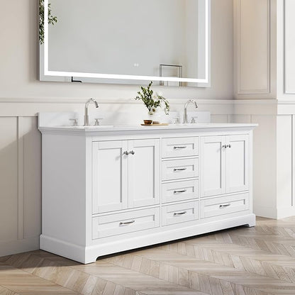 WELLFOR 72 Inch Bathroom Vanity with Double Sinks, Solid Wood Bathroom Vanity W/4 Soft-Close Doors and 6 Drawers, Cultured Marble Countertop Bathroom Vanities W/Two Sinks (White)