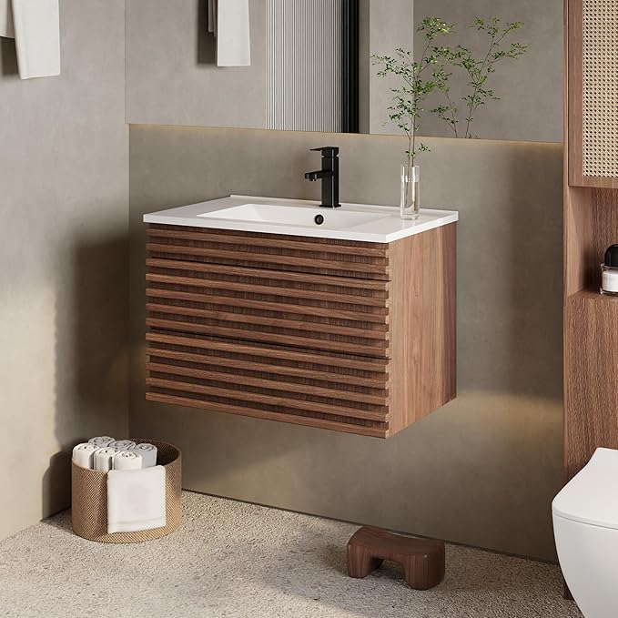 eclife 30" Floating Bathroom Vanity with Sink Combo Mid-Century Wall Mounted Cabinet with Wood Stripes Decor, Drawers, Undermount Single Sink, Faucet, Drain, Cocoa Brown