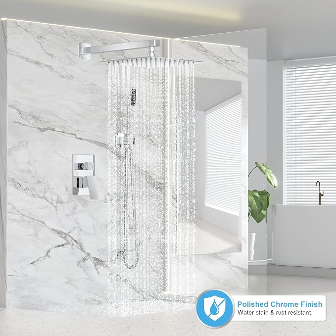 FPXRNG Shower Faucet Set Bathroom Square Rain Shower Head and Handle Set, Wall Mounted Shower Fixtures, Full Metal Trim Repair Kit 10 inch Polished Chrome (With Shower Valve)