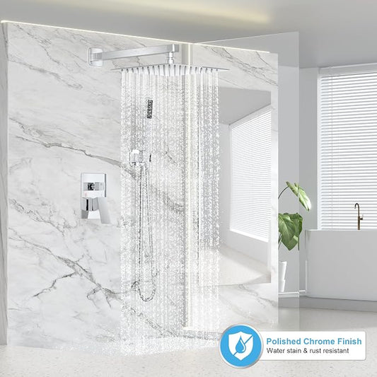 FPXRNG Shower Faucet Set Bathroom Square Rain Shower Head and Handle Set, Wall Mounted Shower Fixtures, Full Metal Trim Repair Kit 10 inch Polished Chrome (With Shower Valve)