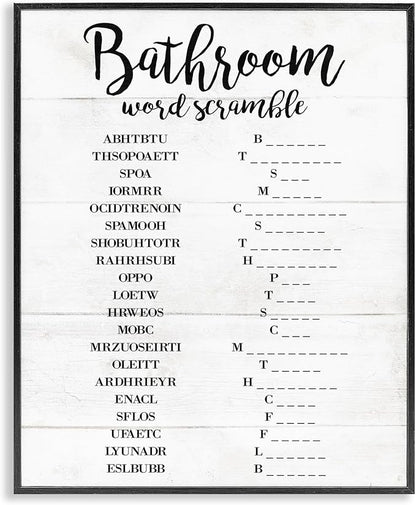 Stupell Industries 'Bathroom Word Scramble White and Black Word Design', Framed Giclee Art, Black, 24 x 30 Inches, Easy to Hang and Sturdy, Made in USA, by Lil' Rue