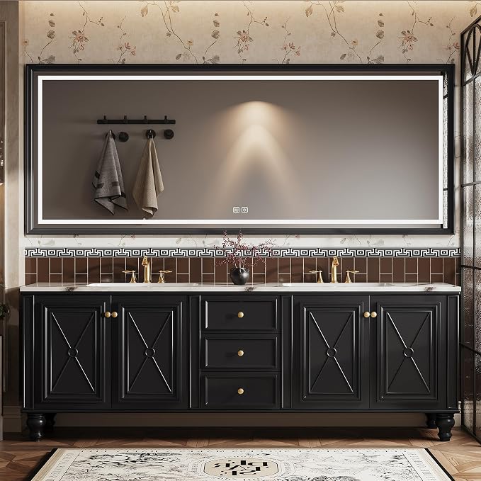 Double Sink Bathroom Vanity, Luxurious Bathroom Vanity with LED Smart Defog Mirror, Solid Freestanding Wood Vanity Sink Cabinet