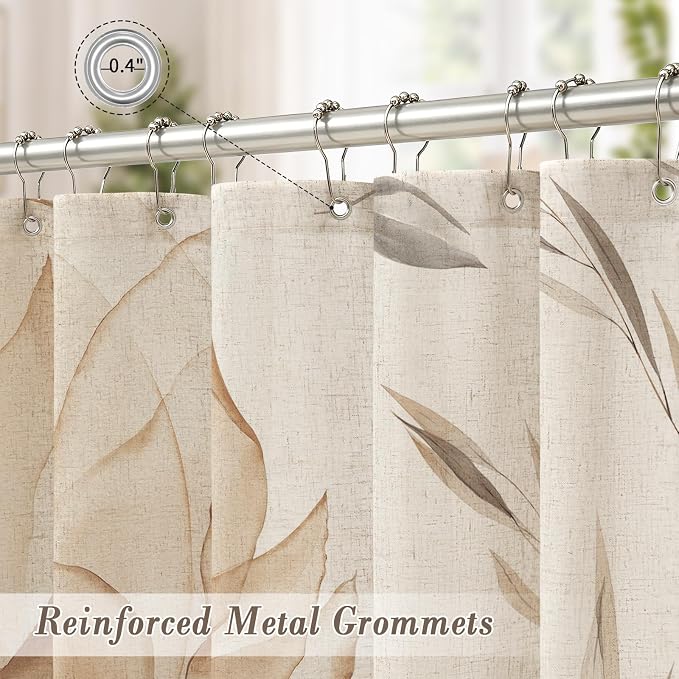 Light Brown Floral Linen Shower Curtain, Watercolor Botanical, 72 x 72 | Boho Floral Design, Watercolor Botanical Style, Ink Painting Flowers & Leaves, Linen Blend Fabric Curtain