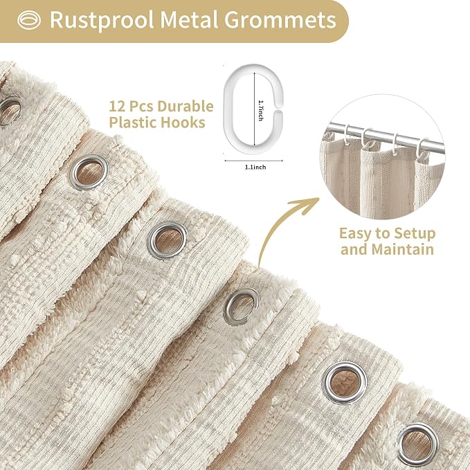Beige Shower Curtain Boho, 72 x 72 Cotton Blend Waffle Weave Stripe Textured Heavy Duty, Fabric Shower Curtain for Bathroom, Hotel, Washable