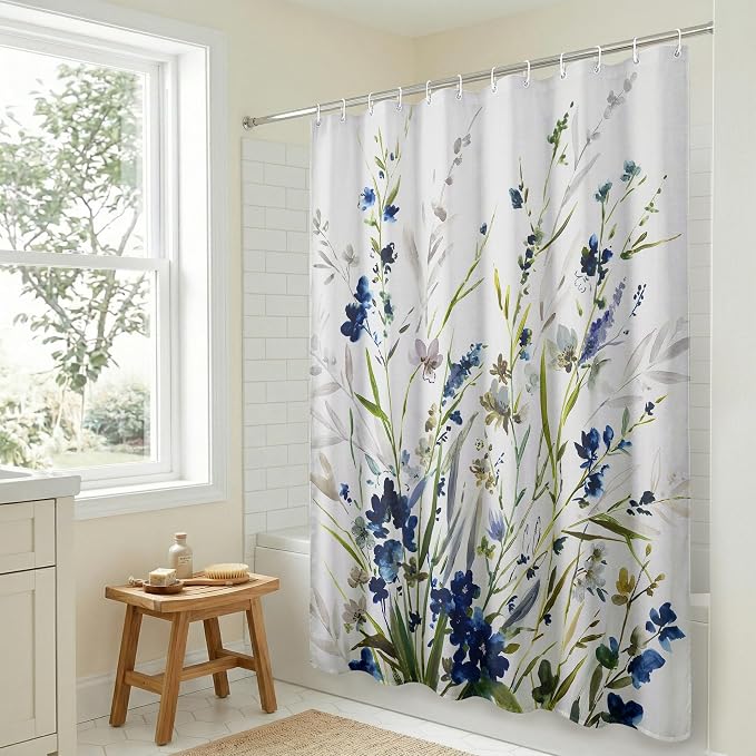 Americanflat 71x74 Floral Shower Curtain - Water-Resistant Long Shower Curtain with Durable Metal Grommets and 12 Hooks - 100% Polyester - Botanical Bathroom Curtains - Blue, Green, Taupe and White