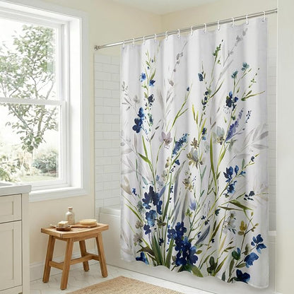 Americanflat 71x74 Floral Shower Curtain - Water-Resistant Long Shower Curtain with Durable Metal Grommets and 12 Hooks - 100% Polyester - Botanical Bathroom Curtains - Blue, Green, Taupe and White