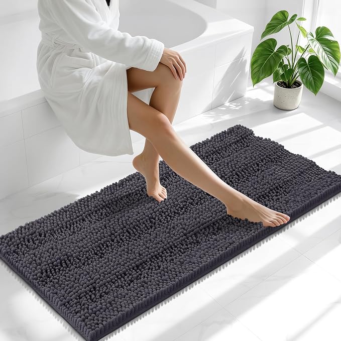 Smiry Thick Chenille Bathroom Runner Rugs 47x24, Soft Bath Mat, Dark Grey | Quick‑Dry & Machine Washable, Non‑Slip Bath Carpet, Striped Bath Rugs for Tub & Shower, Modern Home Decor Accessories