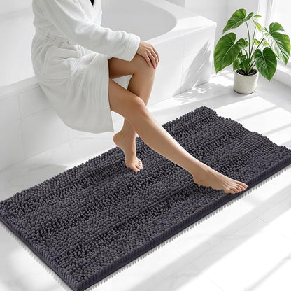 Smiry Thick Chenille Bathroom Runner Rugs 47x24, Soft Bath Mat, Dark Grey | Quick‑Dry & Machine Washable, Non‑Slip Bath Carpet, Striped Bath Rugs for Tub & Shower, Modern Home Decor Accessories