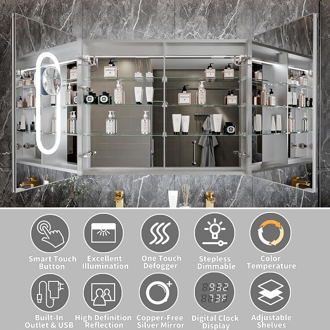 40x32-Inch Lighted Medicine Cabinet with Mirror,Removable 10X Magnificer | Clock,1800W Outlet,Soft-Closed,Front&Backlit,Anti-Fog,Dimmable&Tunable,Sensor LED,Recessed/Surface,Adjustable Shelves