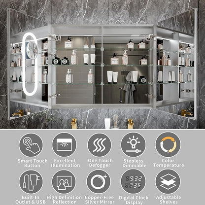 40x32-Inch Lighted Medicine Cabinet with Mirror,Removable 10X Magnificer | Clock,1800W Outlet,Soft-Closed,Front&Backlit,Anti-Fog,Dimmable&Tunable,Sensor LED,Recessed/Surface,Adjustable Shelves