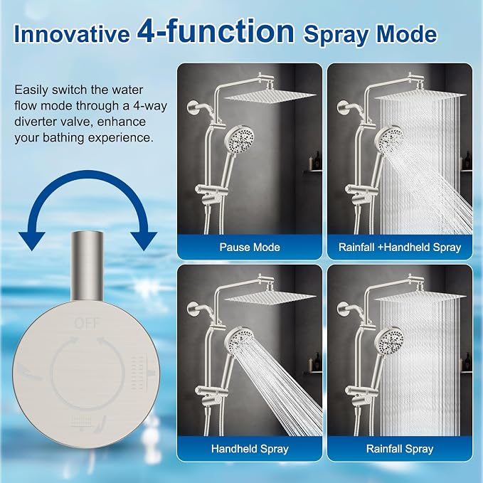 Metal 12" Rain Showerhead with 10-Spray Handheld, Easy Reach 4-way Diverter | Brushed Nickel Finish, Upgraded High Pressure Shower Head with Pause Mode, 71" Stainless Steel Hose/12" Extension Arm