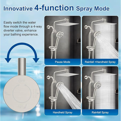 Metal 12" Rain Showerhead with 10-Spray Handheld, Easy Reach 4-way Diverter | Brushed Nickel Finish, Upgraded High Pressure Shower Head with Pause Mode, 71" Stainless Steel Hose/12" Extension Arm