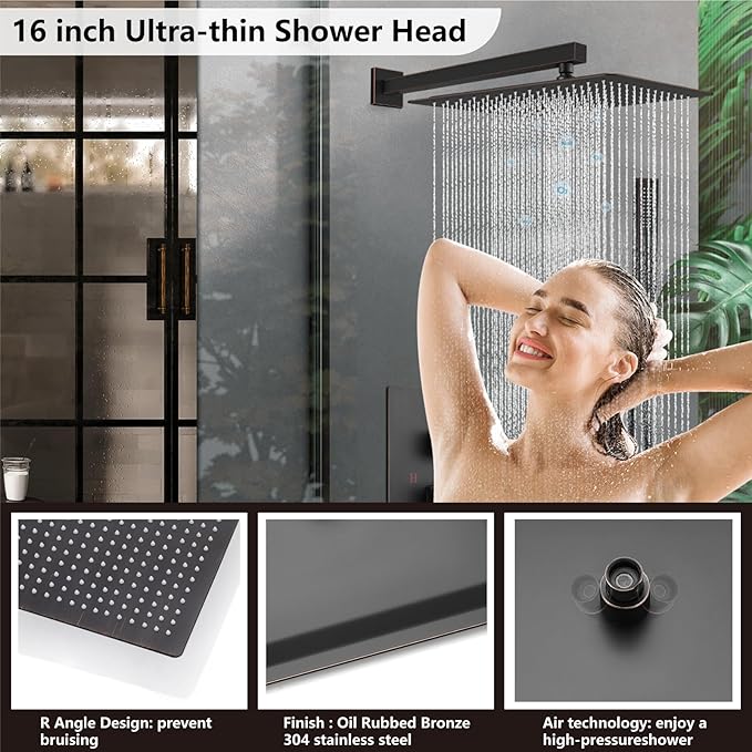 Midanya Shower Faucet Set,Wall Mount Shower System with Square Rain Shower Head and Hand Sprayer, Rough-in Valve Body and Trim Kit Included,16 Inch,Oil Rubbed Bronze