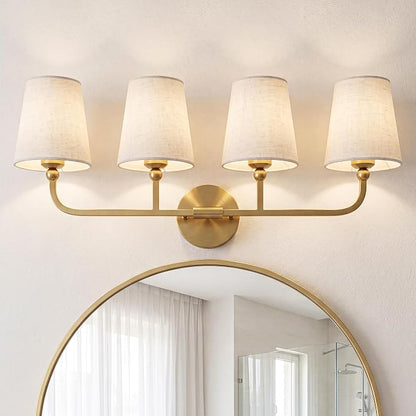 4-Light Brushed Gold Bathroom Vanity Light with Linen Fabric Shade | 28 Inch gold bathroom light fixture over mirror, UL listed, E26 bulbs, hardwired, upward only, VL837-BG-A-4