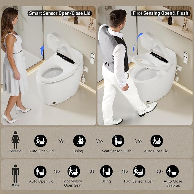 TDH Smart Toilet,Tankless Toilets with Foot Sensor,Heated Toilet Bidet with Warm Water Sprayer and Dryer,LED Display and Night Light,Auto Flush ADA Comfort Height