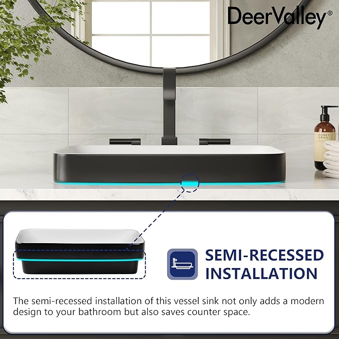 DeerValley Black and White Contrast Rectangle Vessel Sink 18.9x11.61 Inch, Semi-Recessed Ceramic Bathroom Basin with Modern Two-Tone Design