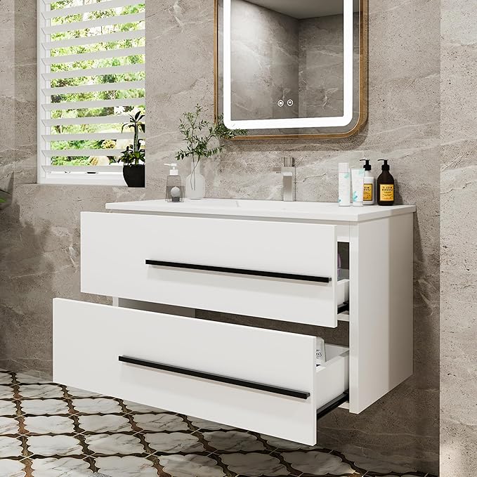 36 Inch Bathroom Vanity with Sink, Modern Floating Vanity Wall Mounted Bathroom Sink Cabinet, Black Handles & 2 Soft-Close Drawers for Small Space (White, 36")