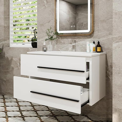 36 Inch Bathroom Vanity with Sink, Modern Floating Vanity Wall Mounted Bathroom Sink Cabinet, Black Handles & 2 Soft-Close Drawers for Small Space (White, 36")