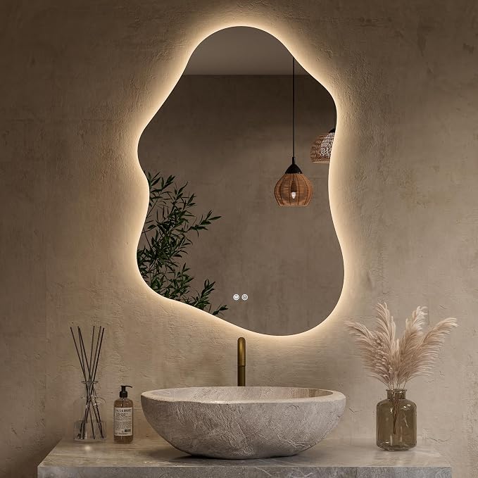 Keonjinn 24" x 36" Asymmetrical Backlit Bathroom Mirror, HD Tempered Glass | Irregular Cloud LED Bathroom Mirror, 3 Color Temperatures, Dimmable, Fast Defogging, Memory Function, Horizontal/Vertical