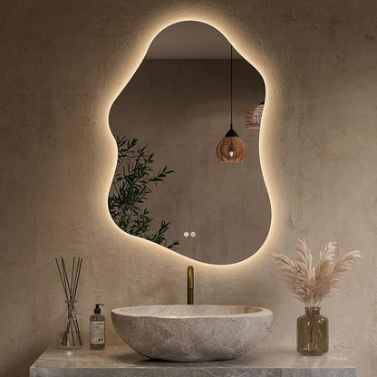 Keonjinn 24" x 36" Asymmetrical Backlit Bathroom Mirror, HD Tempered Glass | Irregular Cloud LED Bathroom Mirror, 3 Color Temperatures, Dimmable, Fast Defogging, Memory Function, Horizontal/Vertical