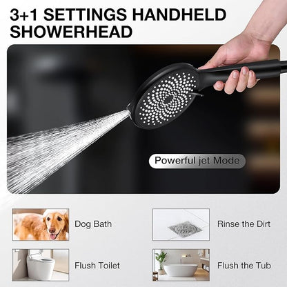 Shower Head with Handheld, Built-in Power Wash Mod High Pressure Rain Showerhead Spray Combo Set, Adjustable 13" Dual Tandem Shower Heads - Matte Black