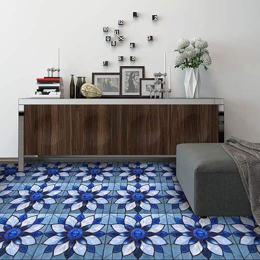 Blue Stained Glass Flower Peel and Stick Floor Tiles 12x12 Inch 10PCS | Blue stained glass style flower pattern vinyl floor stickers for kitchen bathroom entryway and indoor home decor