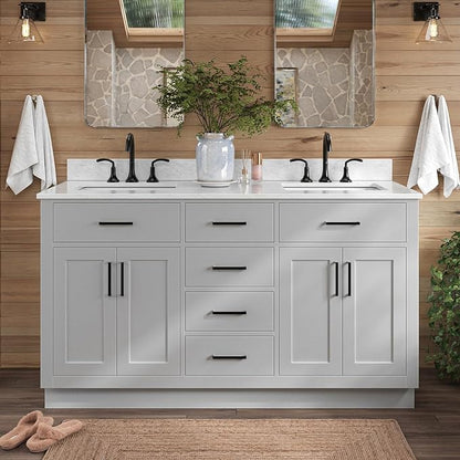 ARIEL Hepburn 60-inch Bathroom Vanity with Sink,Solid Wood, 0.75-inch Italian Carrara Marble Countertop, Double Rectangular Porcelain Sink, 4 Soft Closing Doors, 6 Dovetail Drawers, Grey